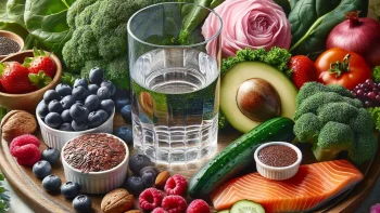 A composition of fresh fruits, vegetables, and a glass of clear water, highlighting the importance of nutrition in slowing down aging. The image shoul